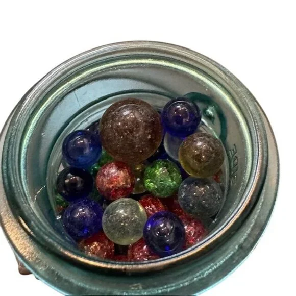 Vintage Blue Glass Jar With Wire Clamp with Glass Marbles - Picture 7 of 9